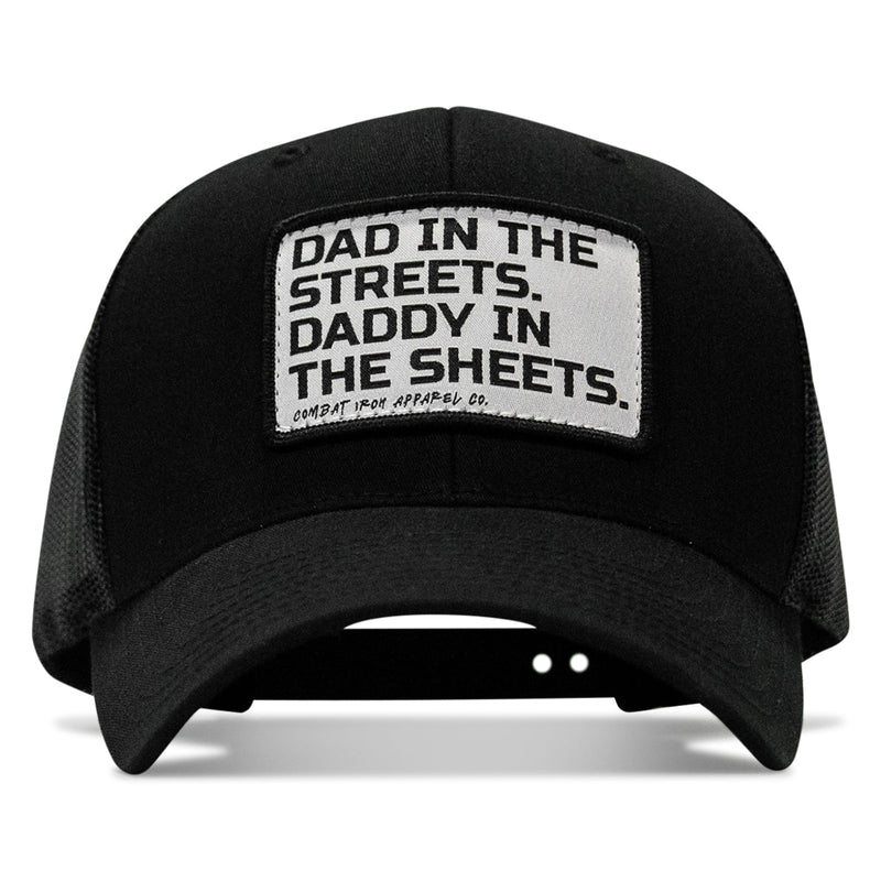 Load image into Gallery viewer, Dad In The Streets. Daddy In The Sheets. White Patch Snapback Hat