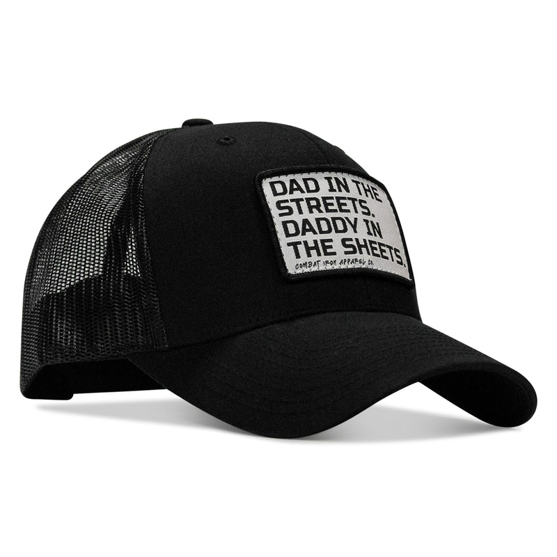 Load image into Gallery viewer, Dad In The Streets. Daddy In The Sheets. White Patch Snapback Hat