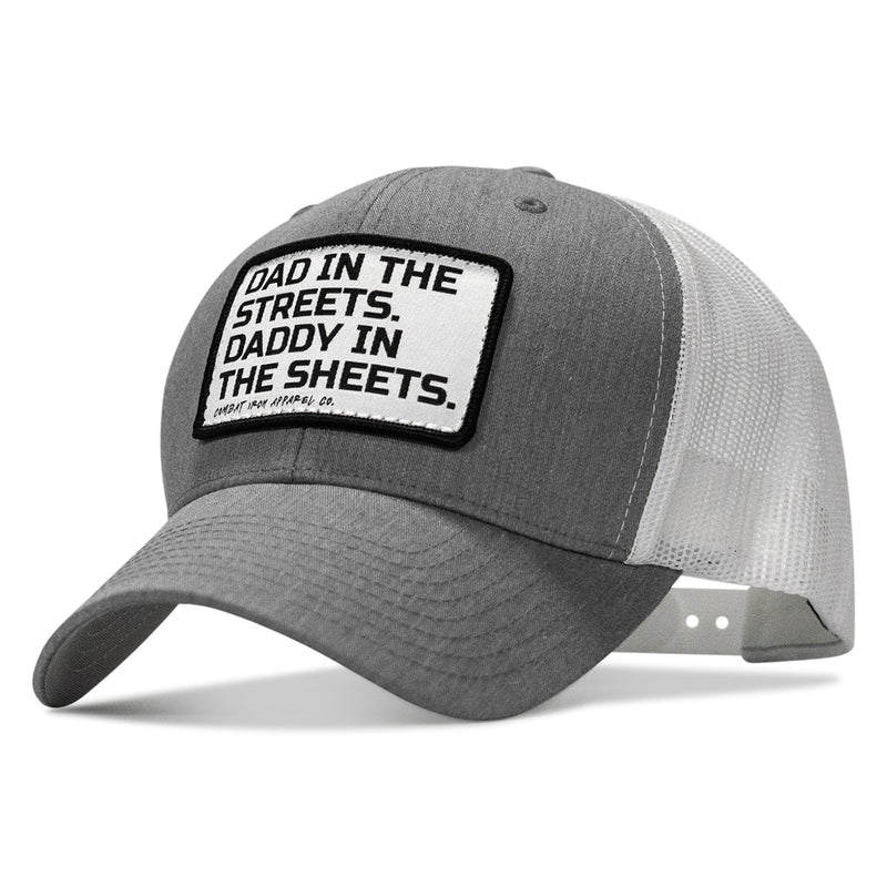Load image into Gallery viewer, Dad In The Streets. Daddy In The Sheets. White Patch Snapback Hat