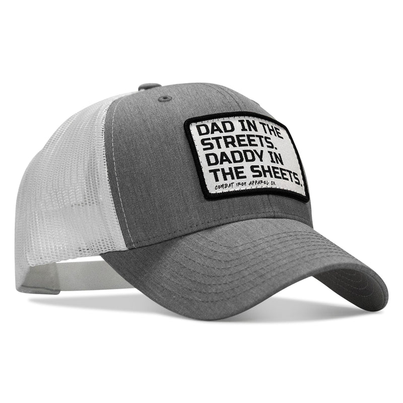 Load image into Gallery viewer, Dad In The Streets. Daddy In The Sheets. White Patch Snapback Hat