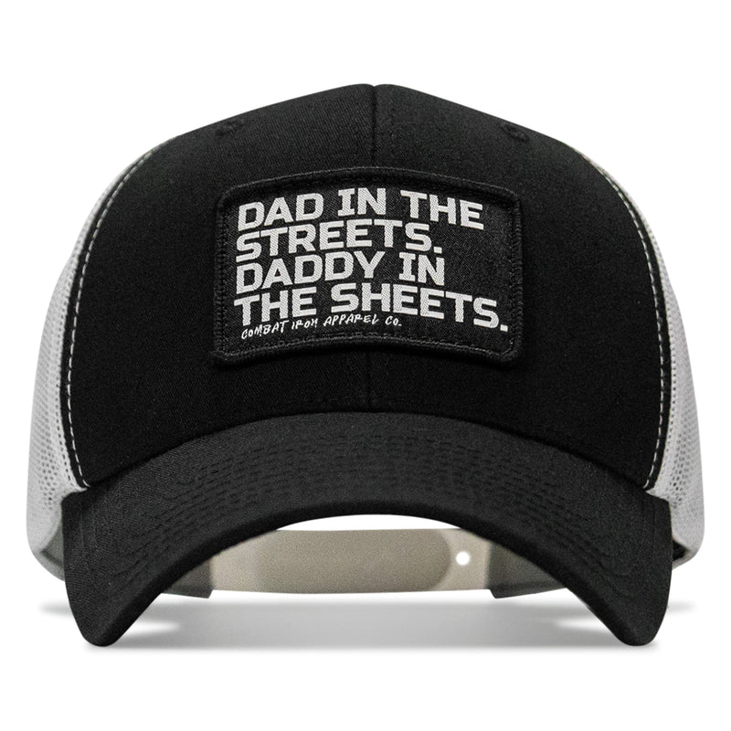 Load image into Gallery viewer, Dad In The Streets. Daddy In The Sheets. Black Patch Snapback Hat