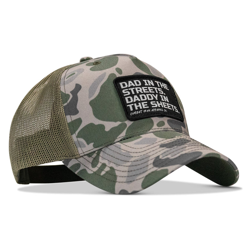 Load image into Gallery viewer, Dad In The Streets. Daddy In The Sheets. Black Patch Snapback Hat