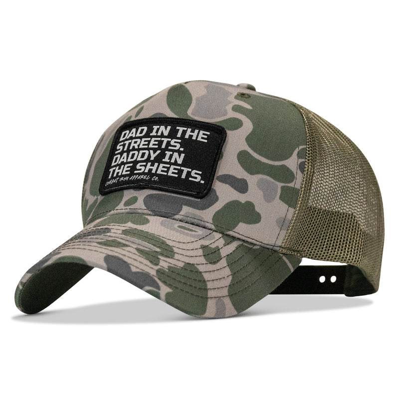 Load image into Gallery viewer, Dad In The Streets. Daddy In The Sheets. Black Patch Snapback Hat