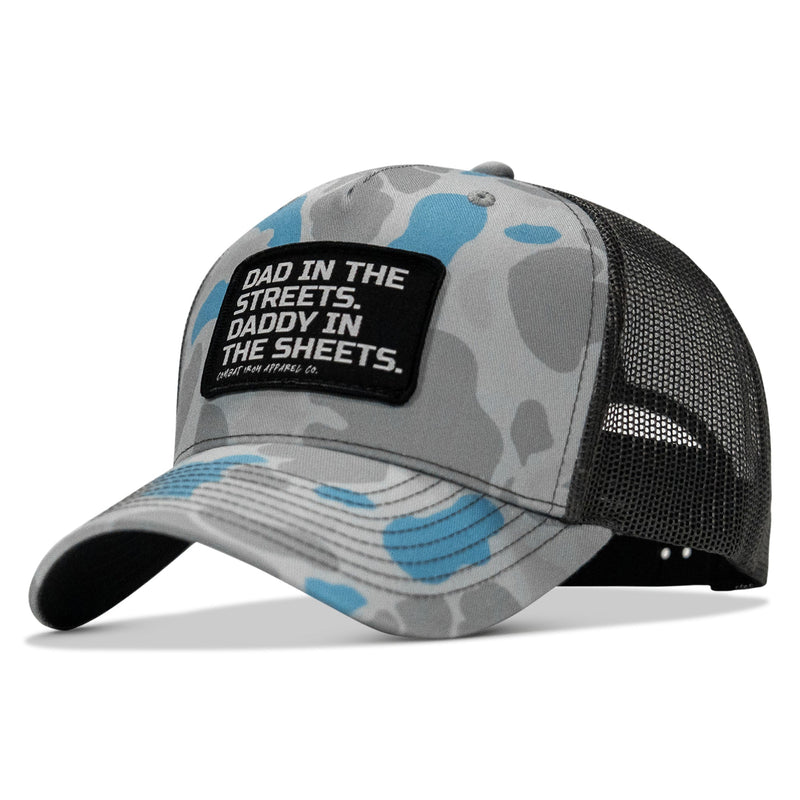 Load image into Gallery viewer, Dad In The Streets. Daddy In The Sheets. Black Patch Snapback Hat