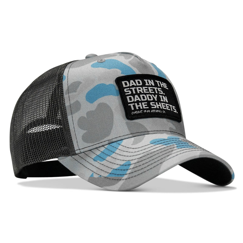 Load image into Gallery viewer, Dad In The Streets. Daddy In The Sheets. Black Patch Snapback Hat
