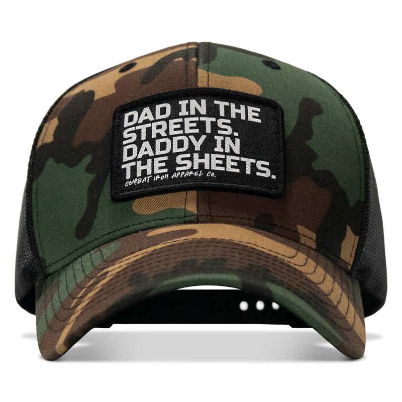 Load image into Gallery viewer, Dad In The Streets. Daddy In The Sheets. Black Patch Snapback Hat