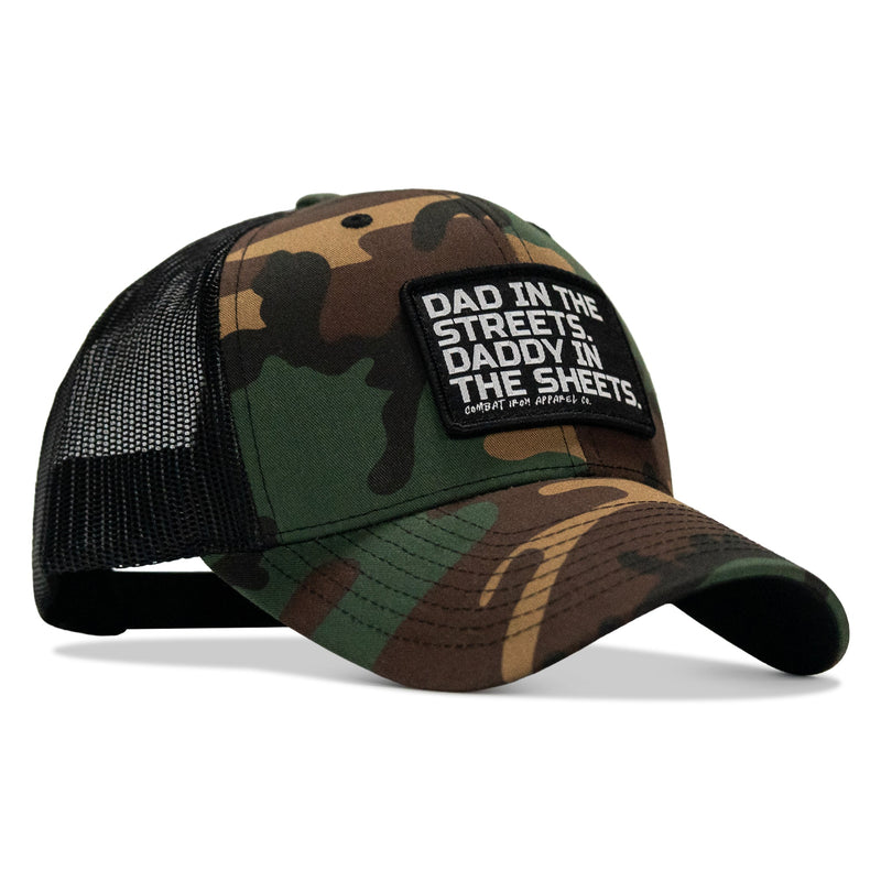Load image into Gallery viewer, Dad In The Streets. Daddy In The Sheets. Black Patch Snapback Hat