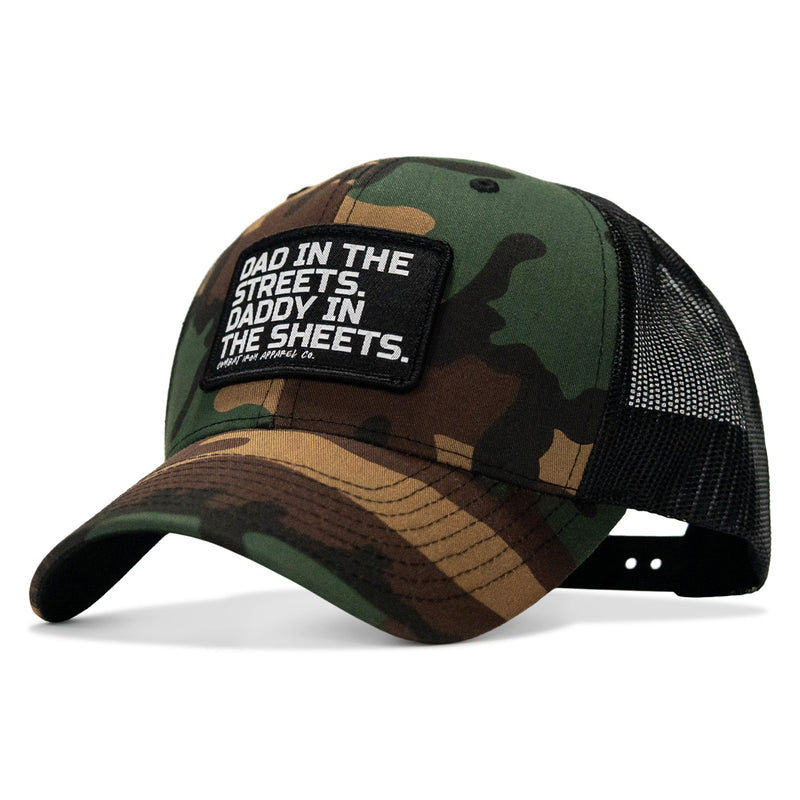 Load image into Gallery viewer, Dad In The Streets. Daddy In The Sheets. Black Patch Snapback Hat