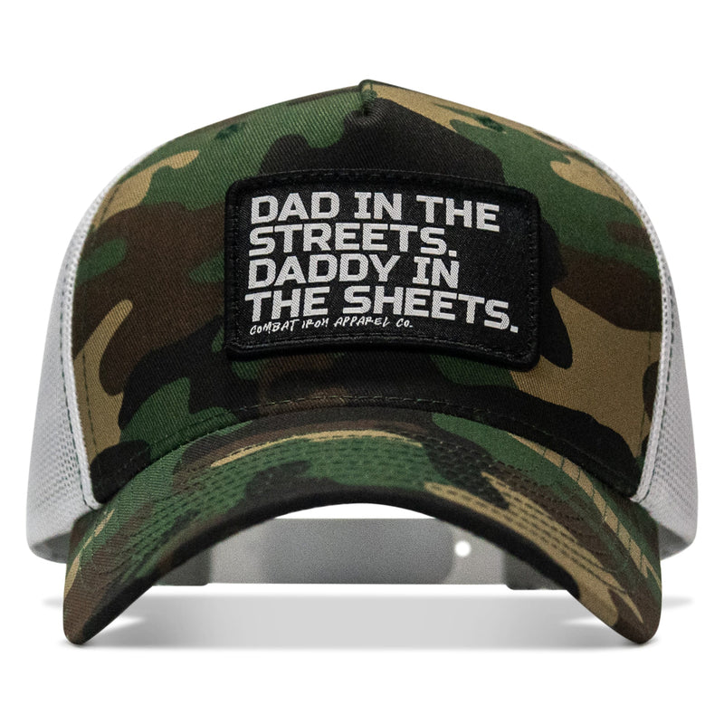Load image into Gallery viewer, Dad In The Streets. Daddy In The Sheets. Black Patch Snapback Hat