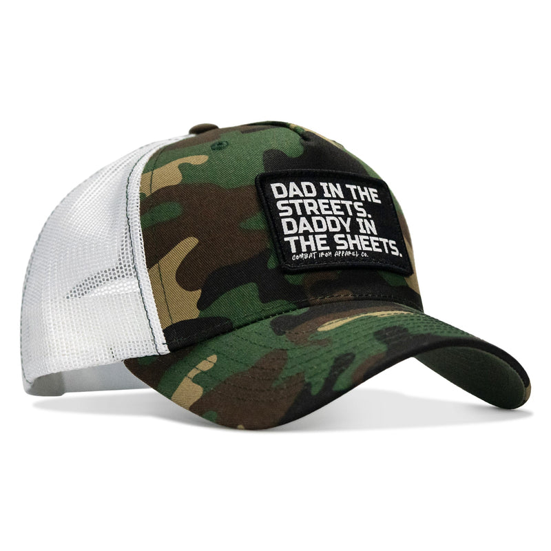 Load image into Gallery viewer, Dad In The Streets. Daddy In The Sheets. Black Patch Snapback Hat