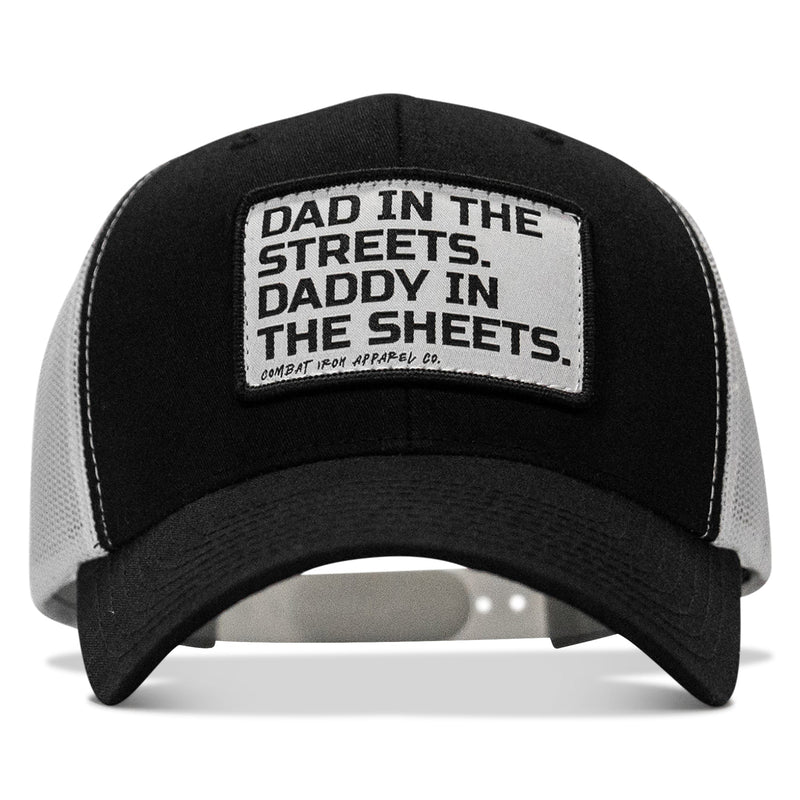 Load image into Gallery viewer, Dad In The Streets. Daddy In The Sheets. White Patch Snapback Hat