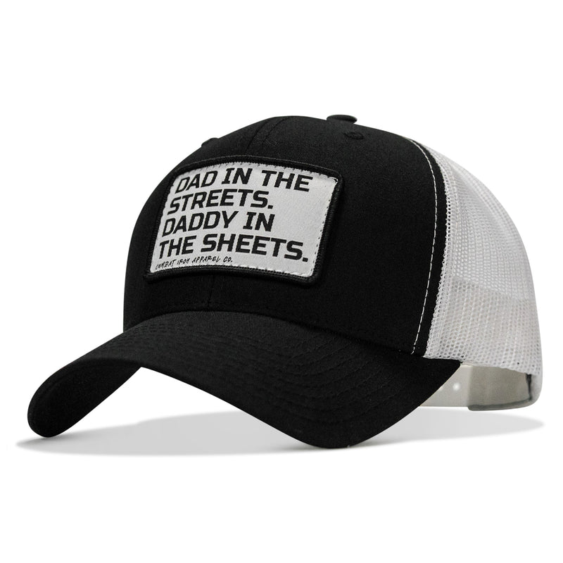 Load image into Gallery viewer, Dad In The Streets. Daddy In The Sheets. White Patch Snapback Hat
