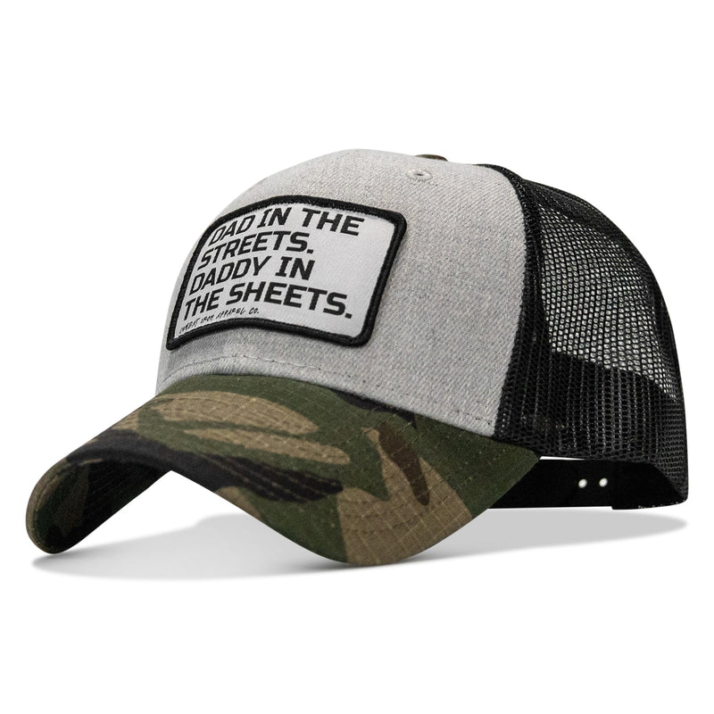 Load image into Gallery viewer, Dad In The Streets. Daddy In The Sheets. White Patch Snapback Hat