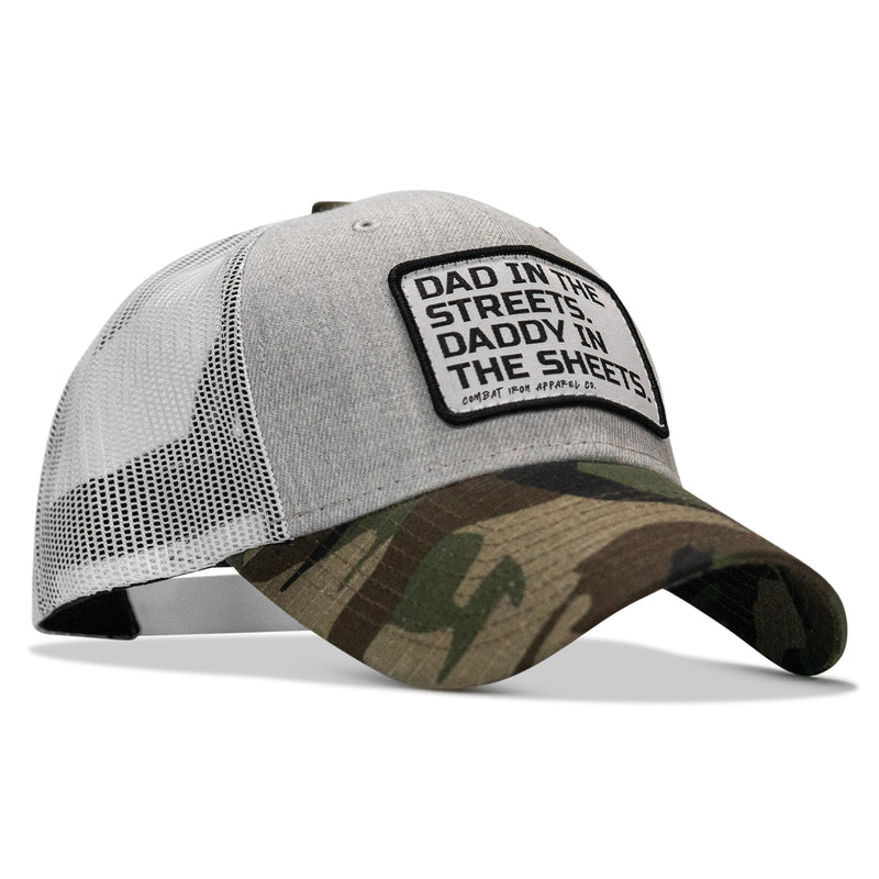 Load image into Gallery viewer, Dad In The Streets. Daddy In The Sheets. White Patch Snapback Hat