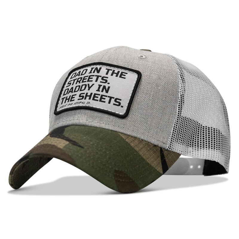 Load image into Gallery viewer, Dad In The Streets. Daddy In The Sheets. White Patch Snapback Hat