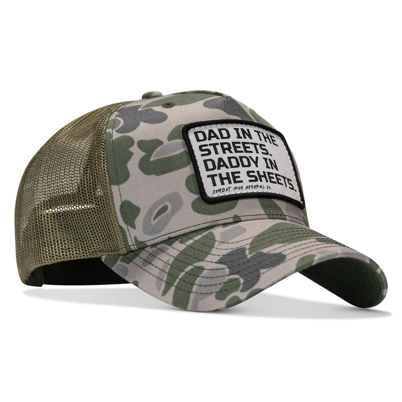 Load image into Gallery viewer, Dad In The Streets. Daddy In The Sheets. White Patch Snapback Hat