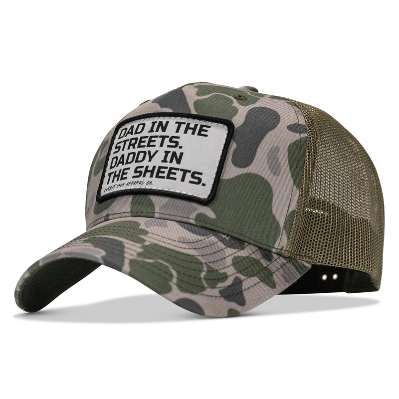 Load image into Gallery viewer, Dad In The Streets. Daddy In The Sheets. White Patch Snapback Hat