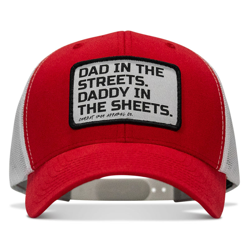 Load image into Gallery viewer, Dad In The Streets. Daddy In The Sheets. White Patch Snapback Hat