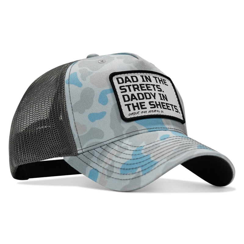 Load image into Gallery viewer, Dad In The Streets. Daddy In The Sheets. White Patch Snapback Hat