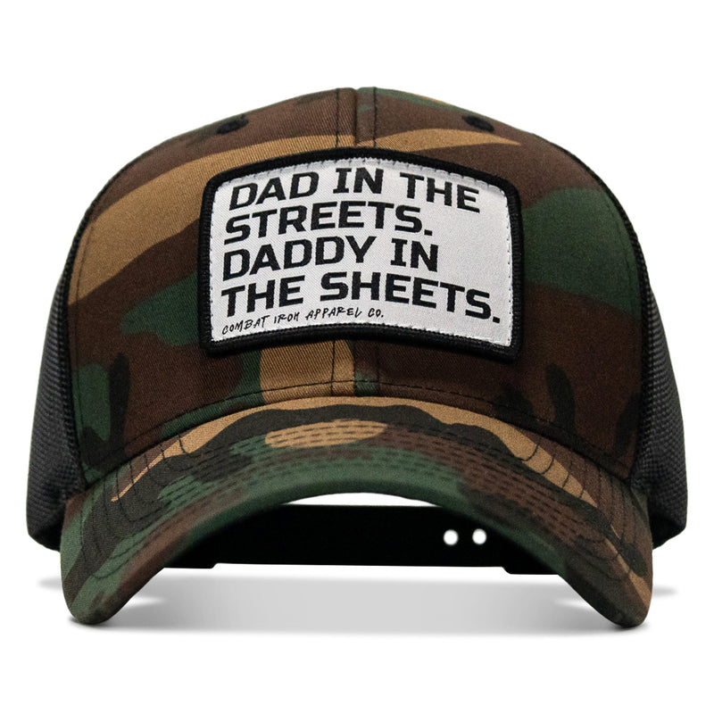 Load image into Gallery viewer, Dad In The Streets. Daddy In The Sheets. White Patch Snapback Hat