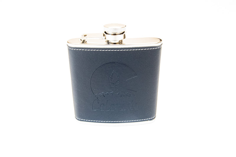 Load image into Gallery viewer, Colorado 7oz Black Leather Leak Proof Stainless Steel Hip Flask Embossed