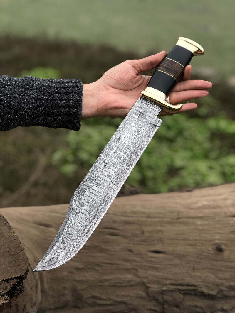 Load image into Gallery viewer, Authentic Crocodile Dundee Knife – 16” Handmade Damascus Steel Blade with Buffalo Horn or Leather Handle & Brass Guard + Leather Sheath
