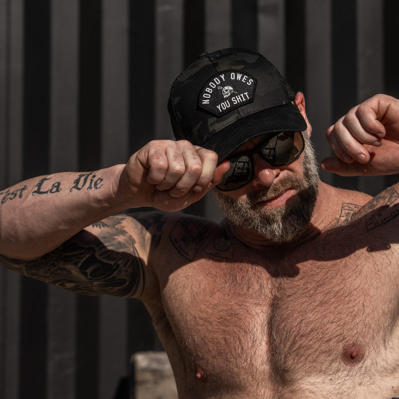 Load image into Gallery viewer, Nobody Owes You Shit Arched Skull Patch Snapback