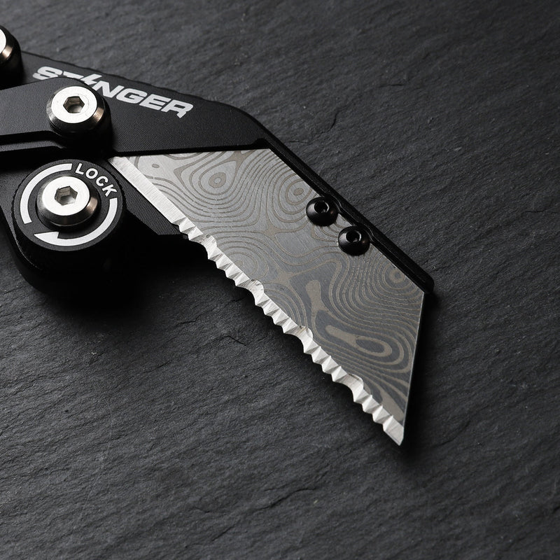 Load image into Gallery viewer, Stinger P01 Partially Serrated Utility Blade Replacement - Laser Engraved Silver Damascus Style (3 pcs)