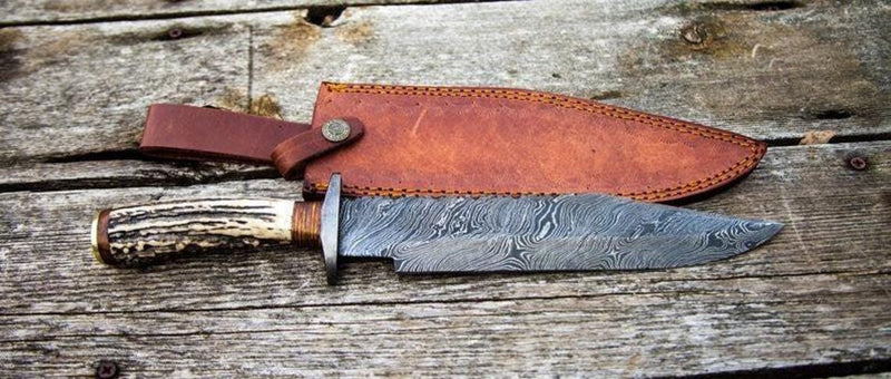 Load image into Gallery viewer, Damascus Steel 1800s Bowie Knife – 15" with Damascus Steel Guard & Stag Horn Handle, Includes Leather Sheath