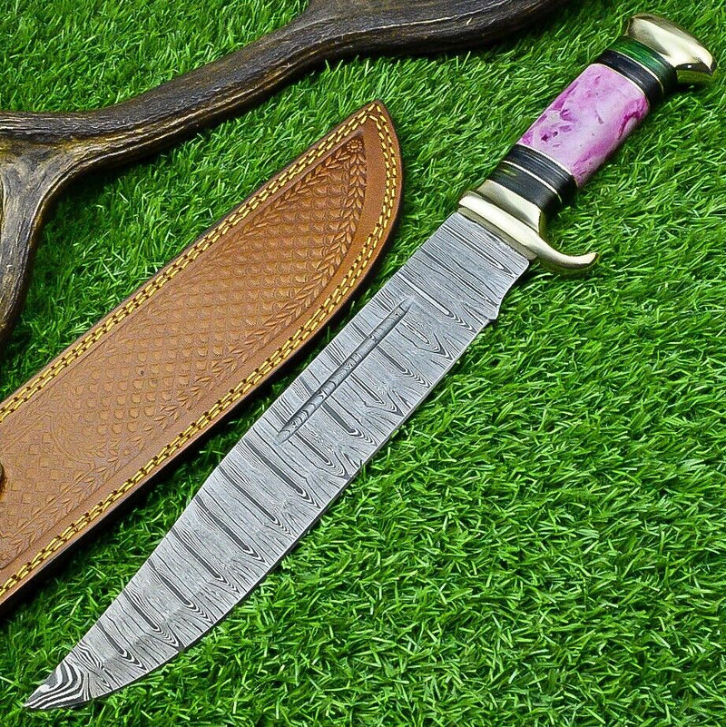 Load image into Gallery viewer, Damascus Steel "The Bowie Knife" - 16" Blade, Brass Guard, Resin Pakkawood Handle, with Leather Sheath