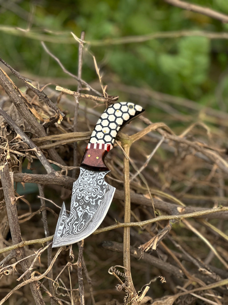 Load image into Gallery viewer, Custom Handmade Damascus Steel Guthook Skinning Knife with Rosewood & Resin Handle - 7.5” with Leather Sheath