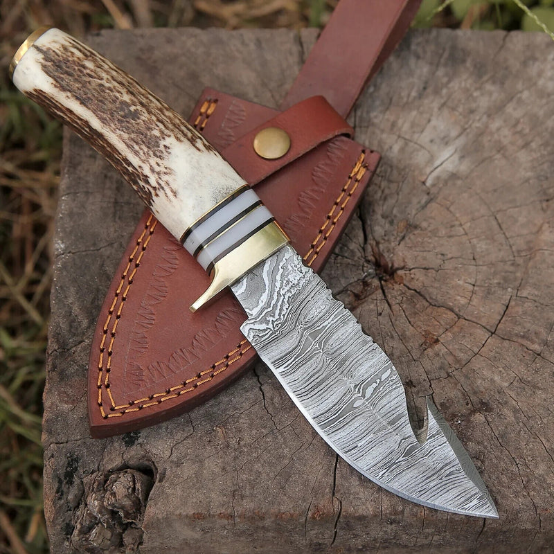 Load image into Gallery viewer, Custom Handmade Damascus Steel Guthook Skinning Knife – 9" Stag Horn Handle with Brass Guard & Leather Sheath