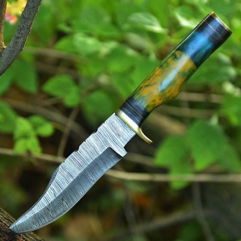 Load image into Gallery viewer, Damascus Steel Hunting Knife – 10" with Brass Guard & Resin Pakkawood Handle, Leather Sheath Included