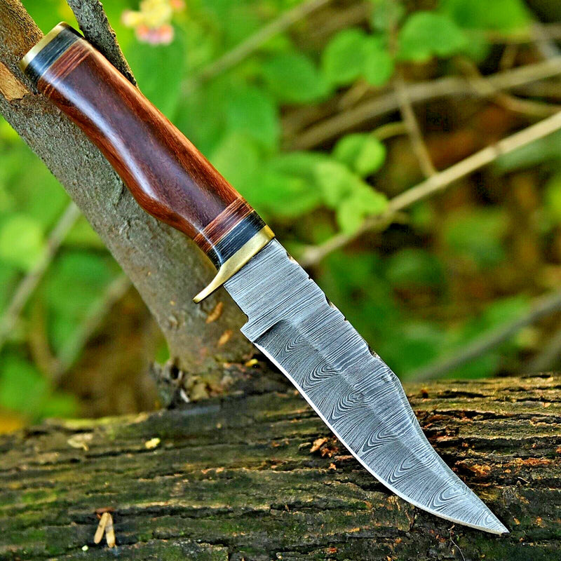 Load image into Gallery viewer, Damascus Steel Hunting Knife – 10" Blade with Brass Guard & Resin Pakkawood Handle, Leather Sheath Included