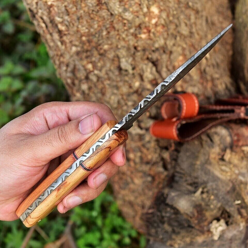 Load image into Gallery viewer, Custom Handmade 10" Damascus Steel Hunting Knife with Olive Wood Handle & Leather Sheath