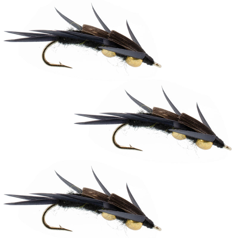 Load image into Gallery viewer, 3 Pack Double Bead Black Stone Fly with Black Biot Legs - Stonefly Wet Fly - Hook Size 12