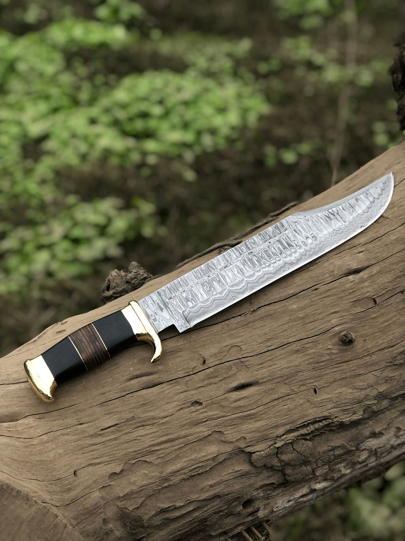 Load image into Gallery viewer, Authentic Crocodile Dundee Knife – 16” Handmade Damascus Steel Blade with Buffalo Horn or Leather Handle & Brass Guard + Leather Sheath