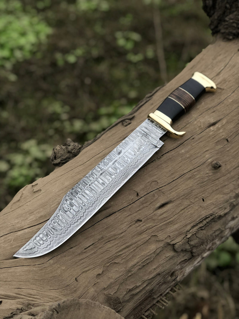 Load image into Gallery viewer, Authentic Crocodile Dundee Knife – 16” Handmade Damascus Steel Blade with Buffalo Horn or Leather Handle & Brass Guard + Leather Sheath