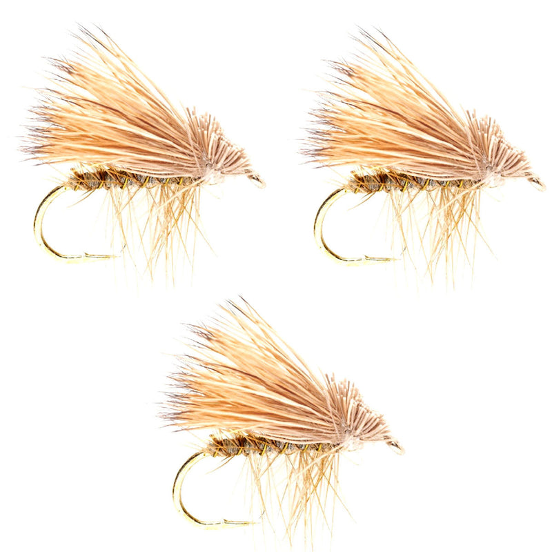 Load image into Gallery viewer, 3 Pack Barbless Yellow Elk Hair Caddis Classic Trout Dry Flies Size 16