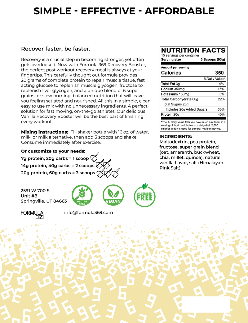 Load image into Gallery viewer, Formula 369 - Recovery Booster - Vegan 3:1 carb to protein drink mix