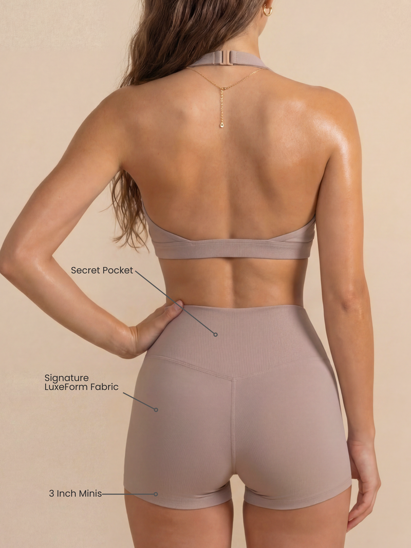 Load image into Gallery viewer, Women's Mini Sculpting Shorts 3 Inch - Taupe | Criss-Cross Waistband with Pocket