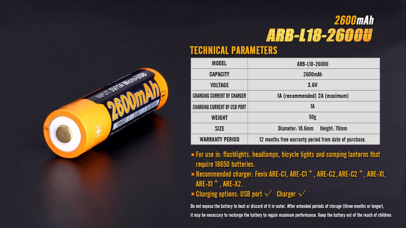 Load image into Gallery viewer, Fenix ARB-L18-2600U USB Rechargeable Li-ion 18650 Battery