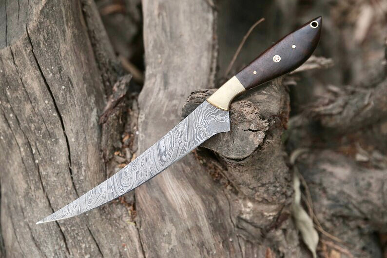 Load image into Gallery viewer, Damascus Fillet Knife – 13" Rosewood Handle & Leather Sheath