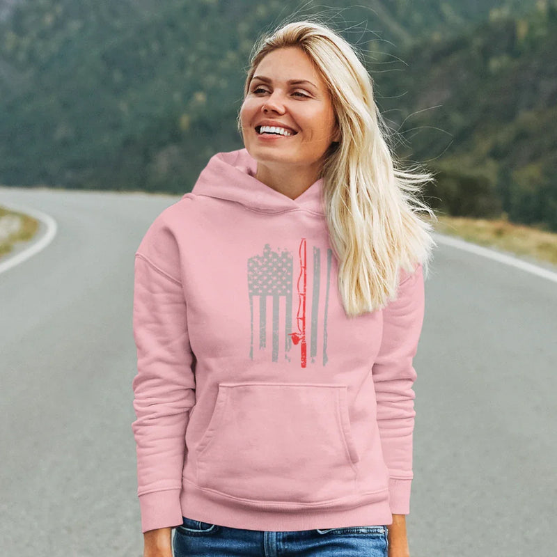 Load image into Gallery viewer, Fishing Rod American Flag Unisex Hoodie