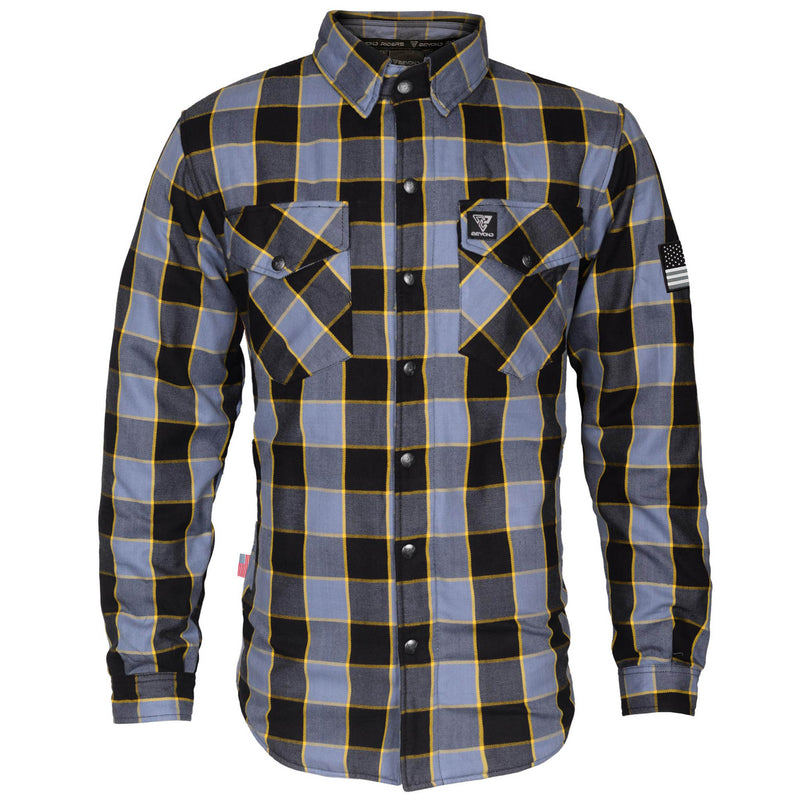 Load image into Gallery viewer, Protective Flannel Shirt - Grey Checkered and Yellow Stripes