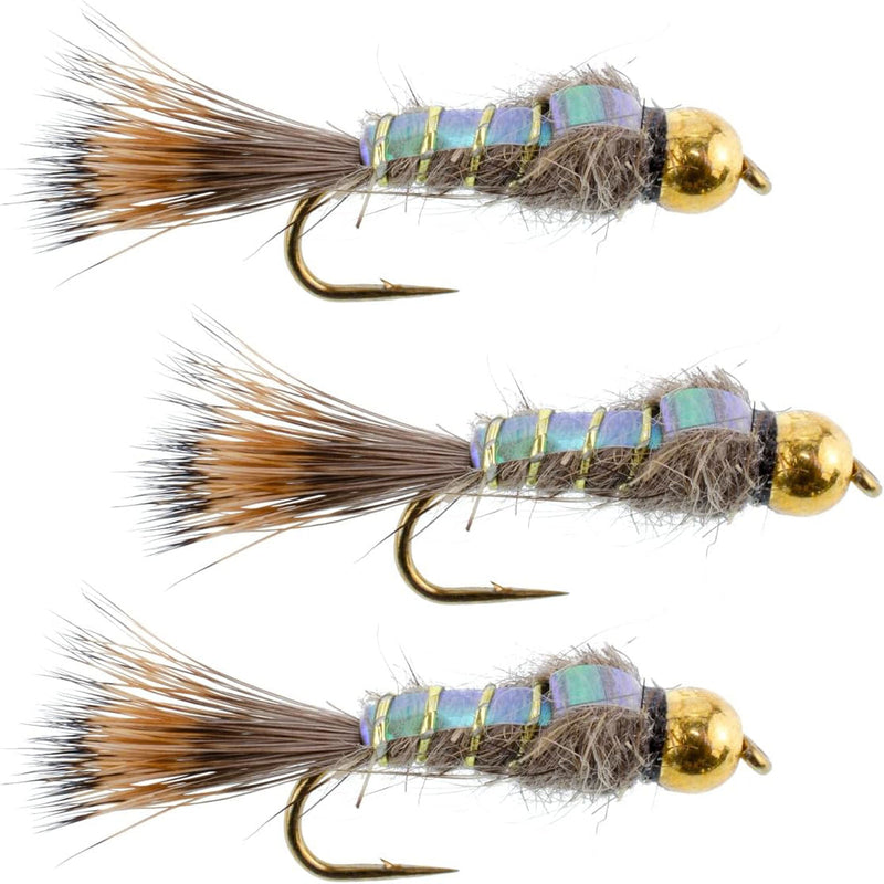 Load image into Gallery viewer, 3 Pack Gold Bead Head Flash Back Gold Ribbed Hare's Ear Nymph Fly Fishing Flies Hook Size 18