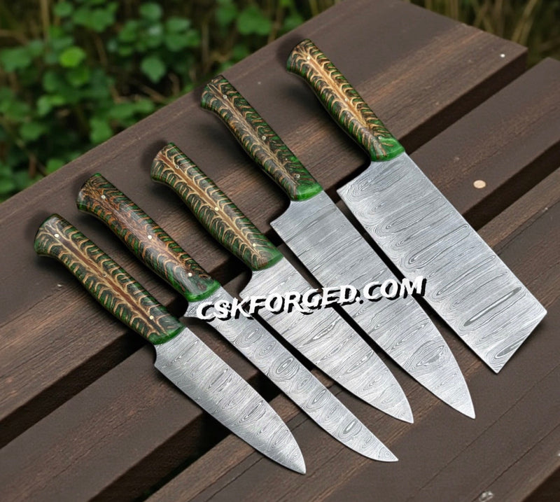 Load image into Gallery viewer, Damascus Steel Kitchen Knife Set – Handmade 5-Piece Chef Knives with Epoxy Pine-Cone Handle