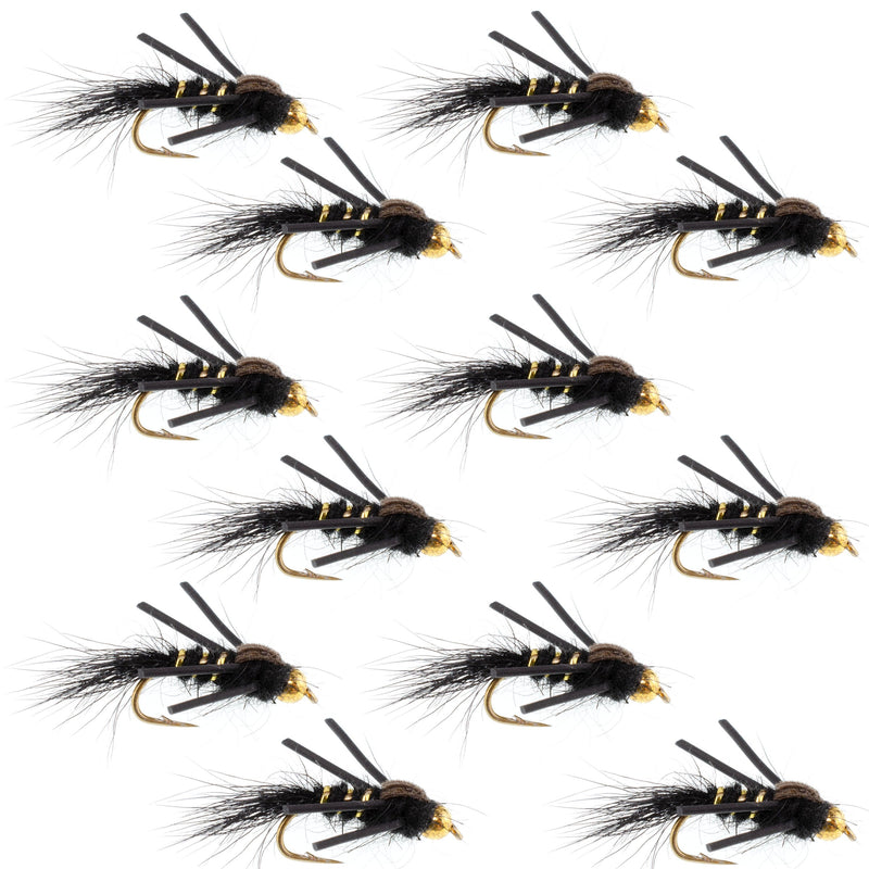 Load image into Gallery viewer, Tungsten Bead Head Rubber Legs Black Gold-Ribbed Hare's Ear Trout Fly Nymph - 1 Dozen Flies Hook Size 16