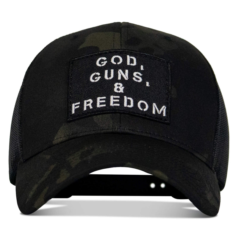 Load image into Gallery viewer, God, Guns, And Freedom Patch Mid-Profile Mesh Snapback Hat