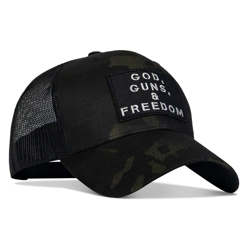 Load image into Gallery viewer, God, Guns, And Freedom Patch Mid-Profile Mesh Snapback Hat